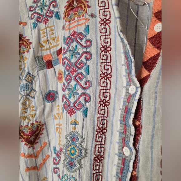 Johnny Was Peta & Greta Clapton Stripe Aztec Embroidered Linen Tunic Medium - Picture 6 of 9